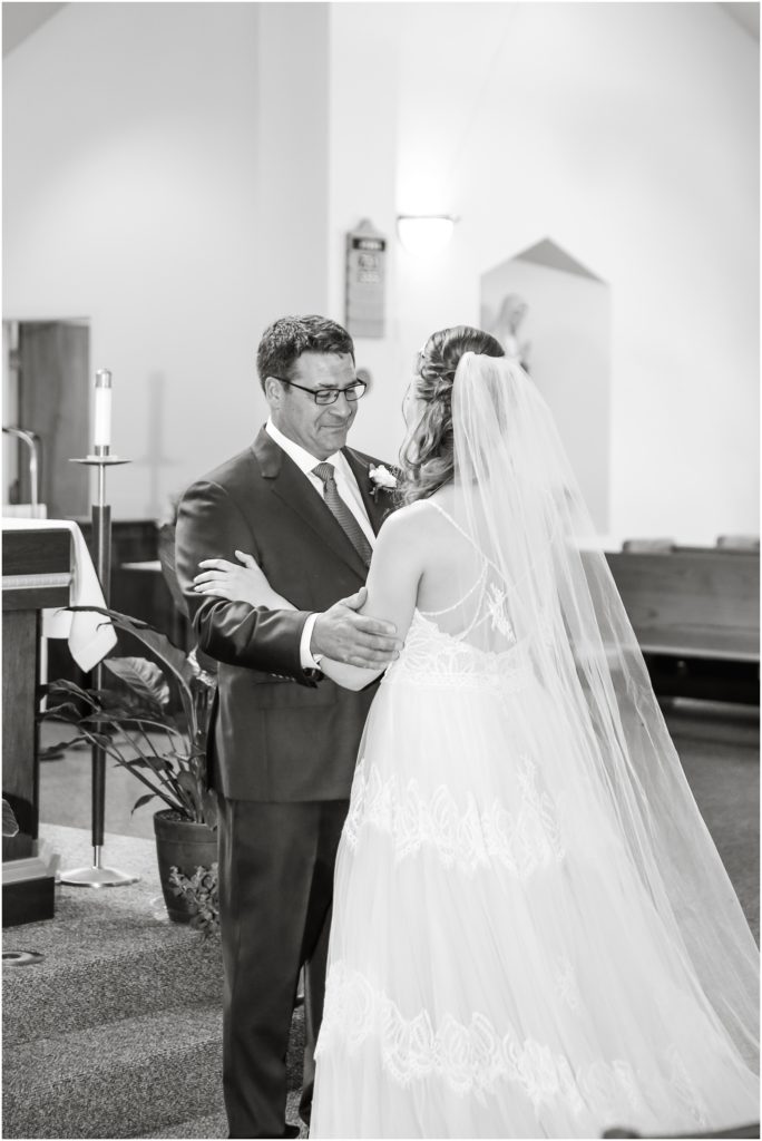 Rock Creek Wedding Black and White Photo Father Daughter First Look in Church