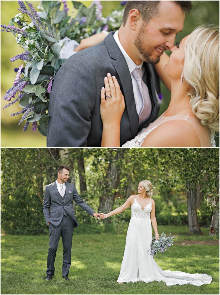 Bride and Groom at Rockin' TJ Ranch with gray suit and white lace dress