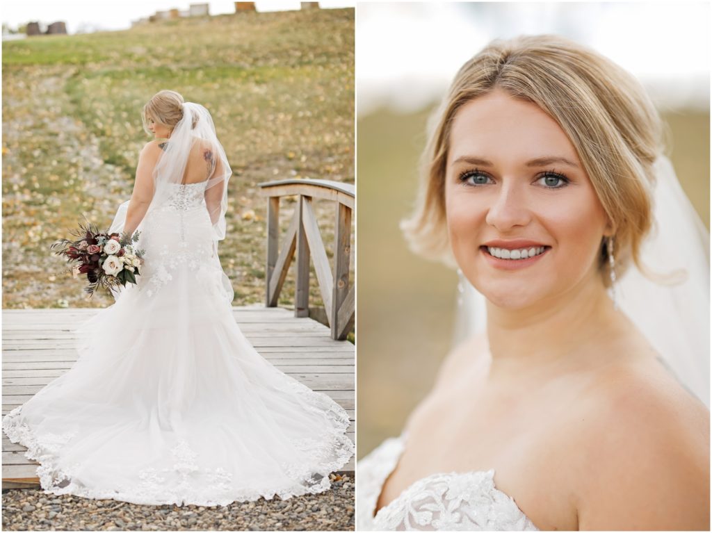 Camelot Ranch Fall Wedding Bride Dress and Bouquet