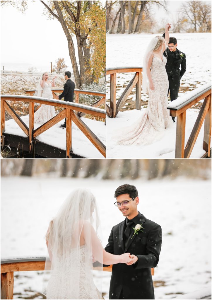 Camelot Ranch Winter Wedding Bride and Groom First Look