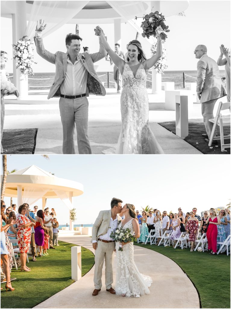 Cancun Destination Wedding Bride and Groom kissing at ceremony recessional
