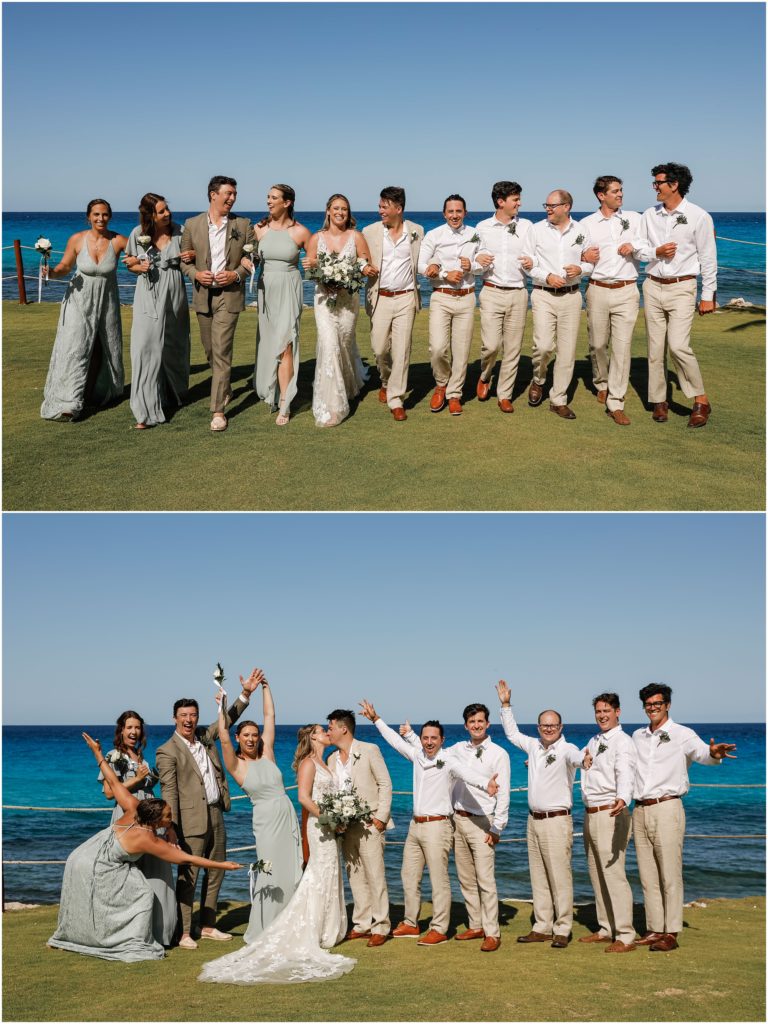 Cancun Destination Wedding bridesmaids and groomsmen walking and posing with bride and groom