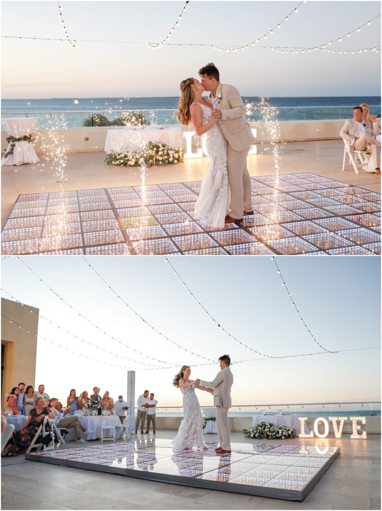 Cancun Destination Wedding Bride and Groom dancing on light-up dance floor with sparklers