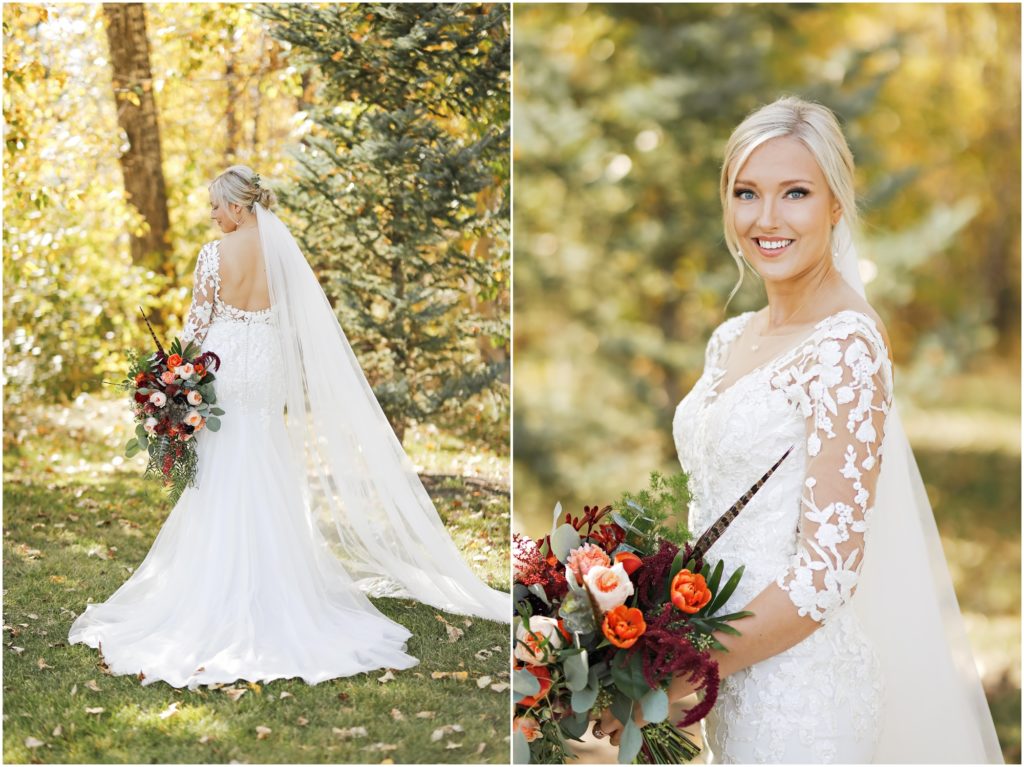Rockin TJ Ranch Fall Wedding Bride Wedding Dress and Bouquet