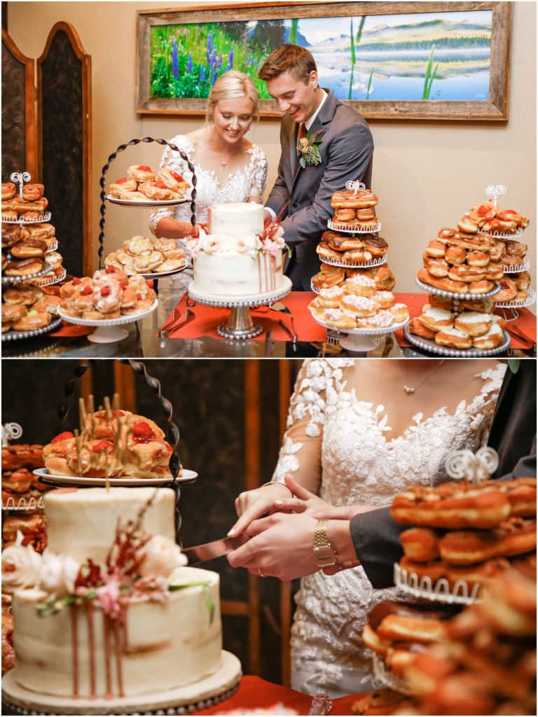 Rockin TJ Ranch Fall Wedding Indoor Reception Cake Cutting Donuts