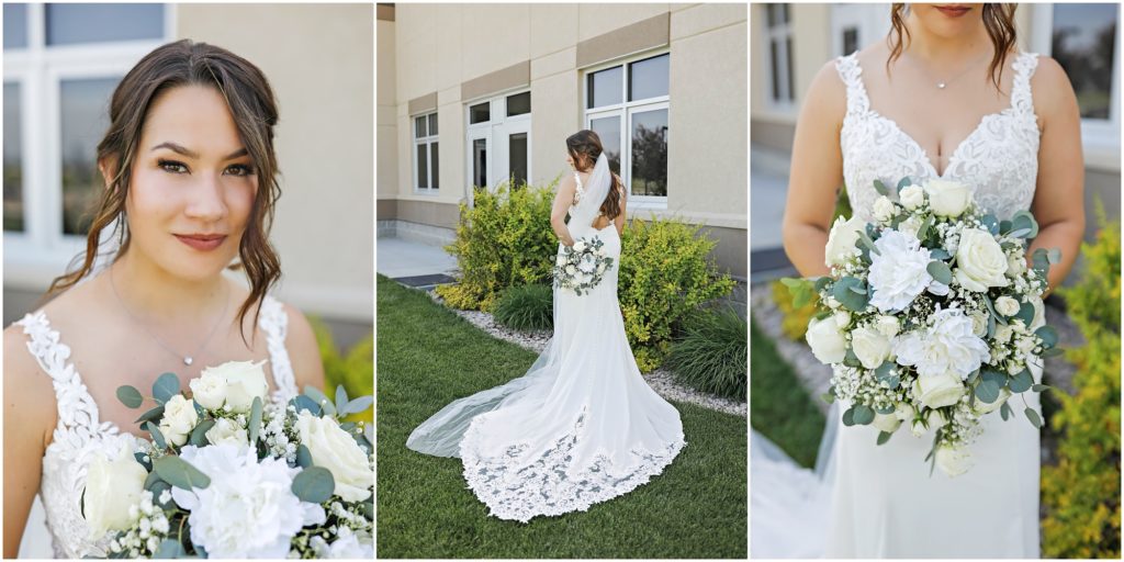 Bride in white lace dress with white roses