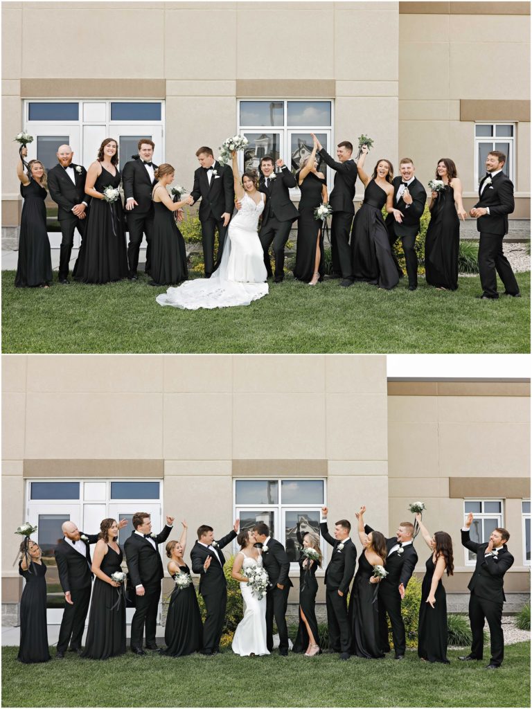 Bride and Groom with bridal party at black and white wedding