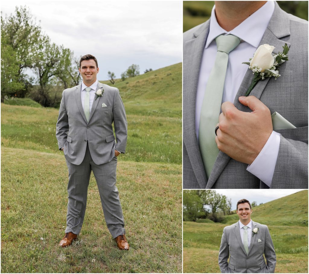 Rainy Spring Wedding Groom in a gray suit