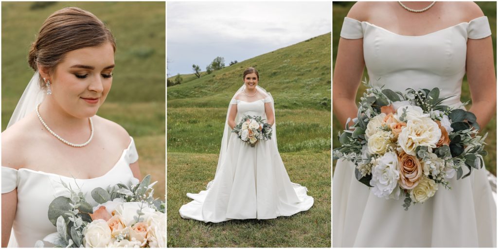 Rainy Spring Wedding Bride with faux flower bouquet