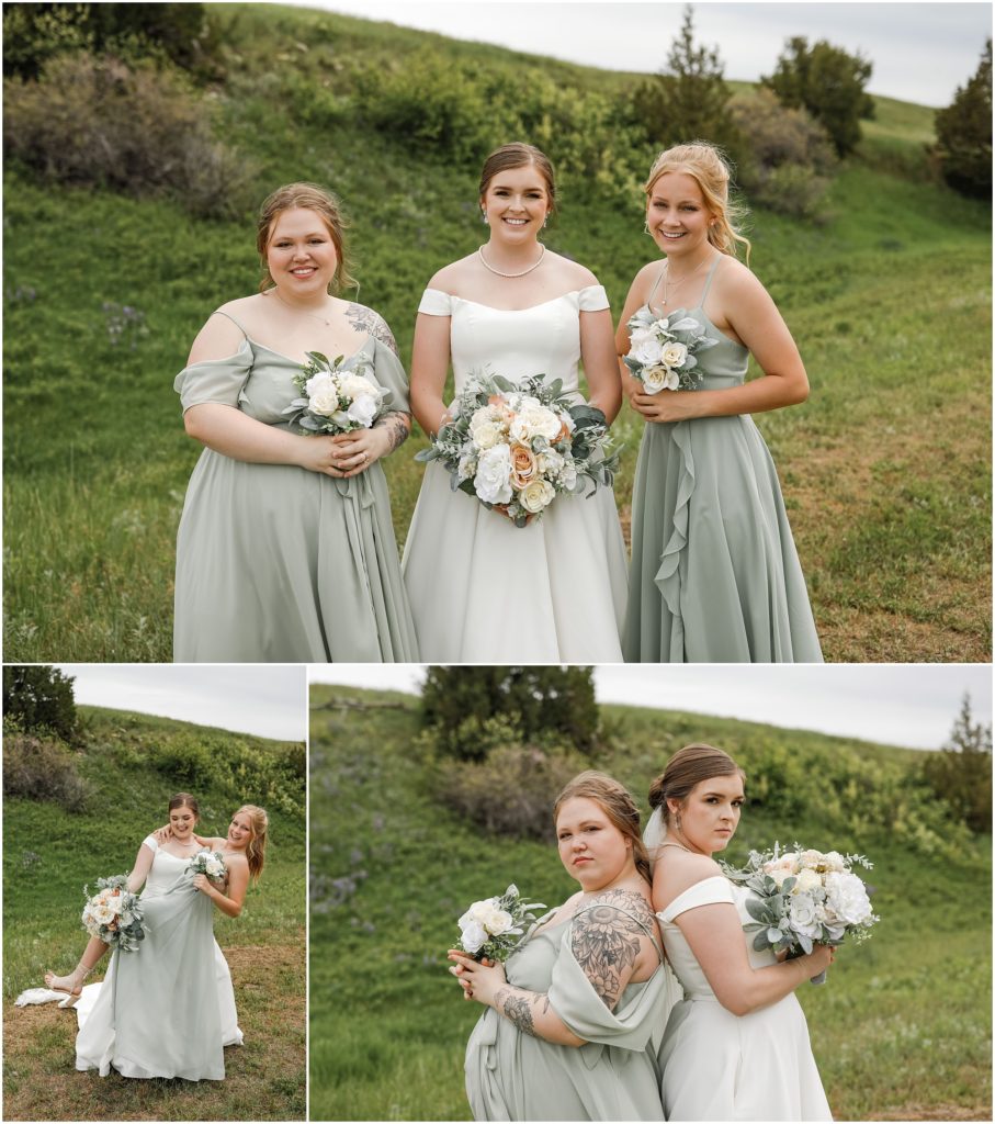 Rainy Spring Wedding Bride with Bridesmaids in sage green dresses