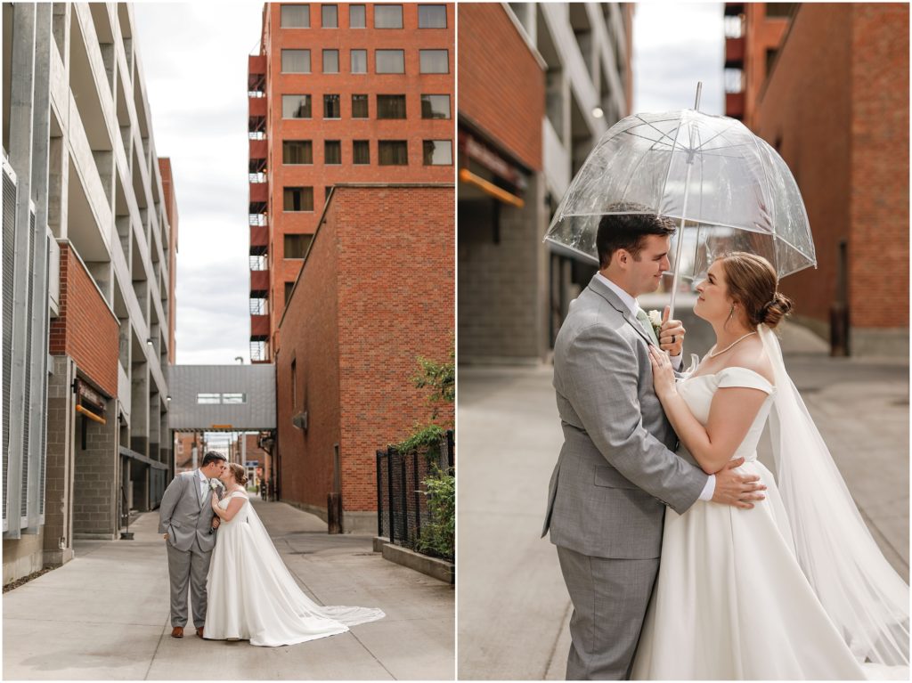 Rainy Spring Wedding Bride and Groom downtown with umbrella