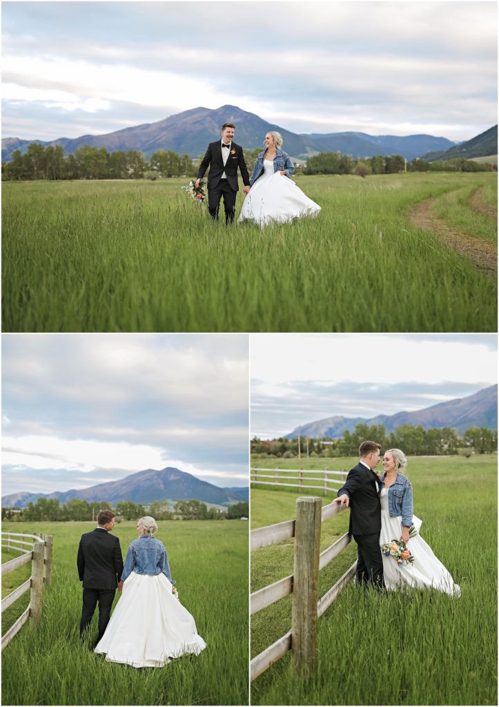 Bride and groom in a grassy field at Venue 406 Wedding