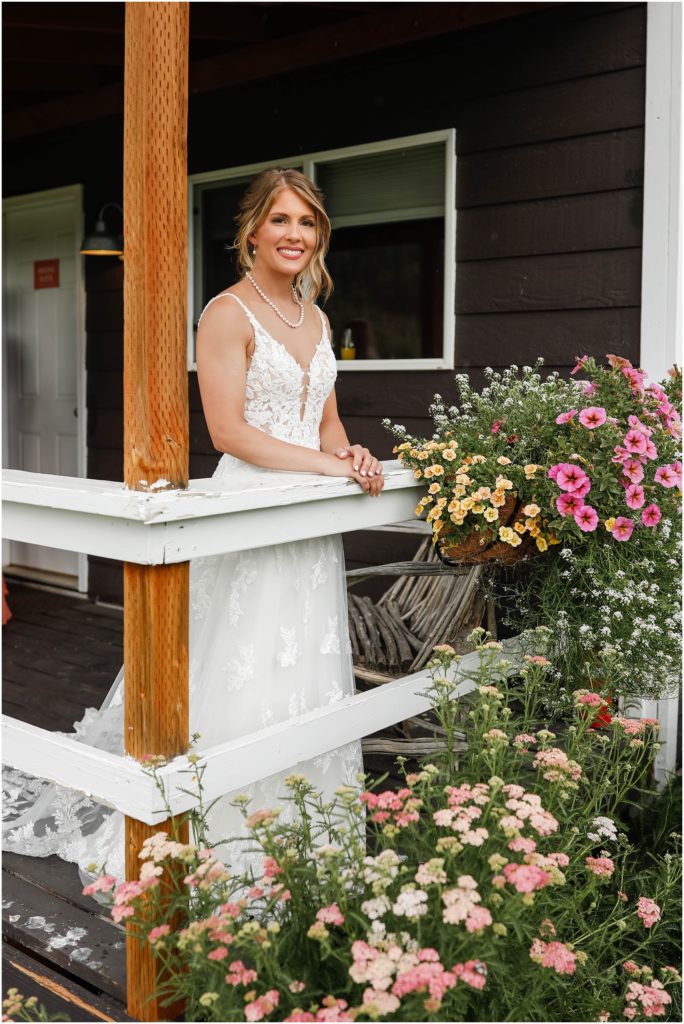 MT Wildflower Wedding Bride on porch