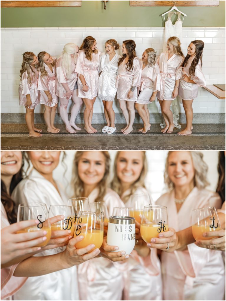 Pretty Pink Summer Wedding Bride and Bridesmaids Getting Ready and Cheers