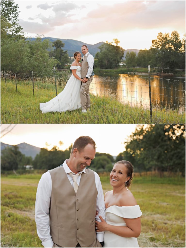 Missoula Wedding Bride and Groom in a field at sunset