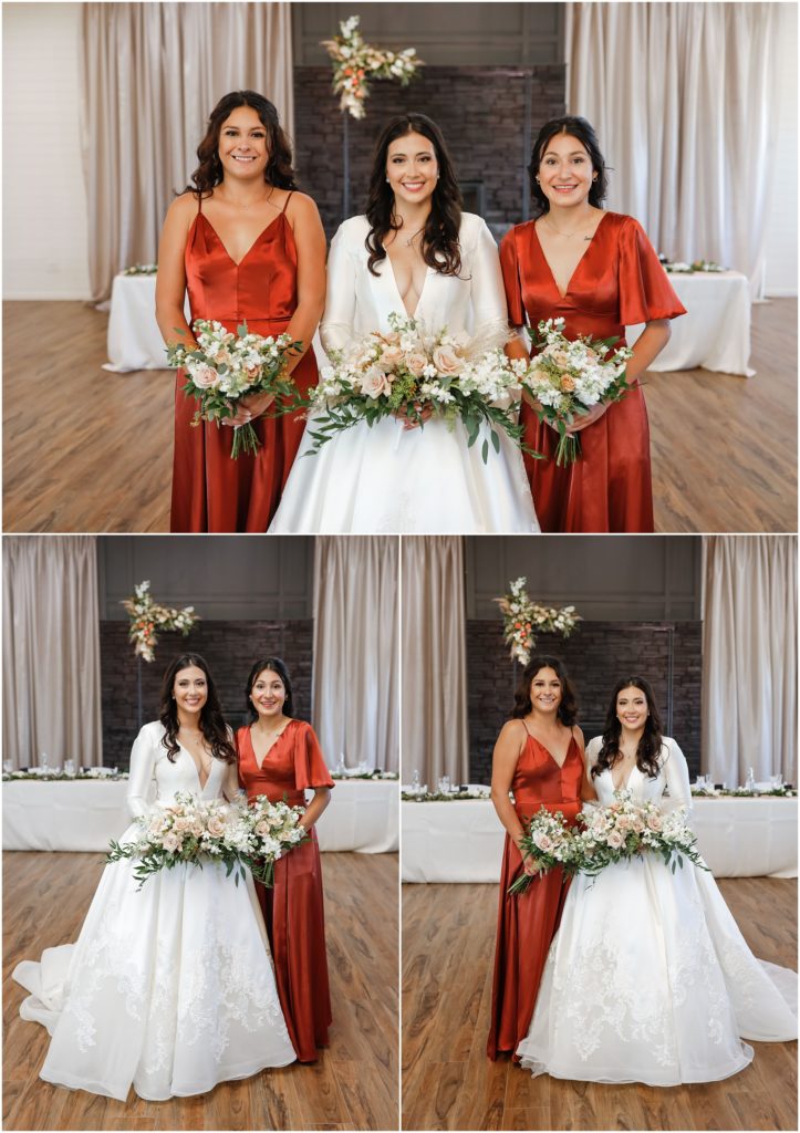 Classic WillowBrooke Wedding Bride with Bridesmaids in rust colored dresses
