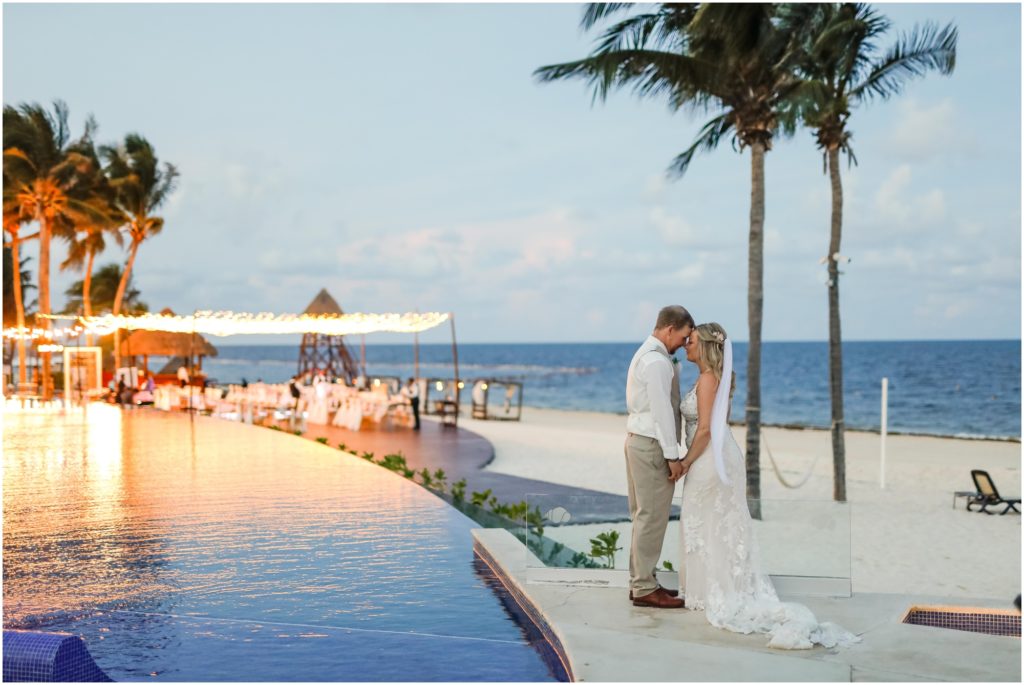 Mexican Destination Wedding Bride and Groom By Pool and Beach