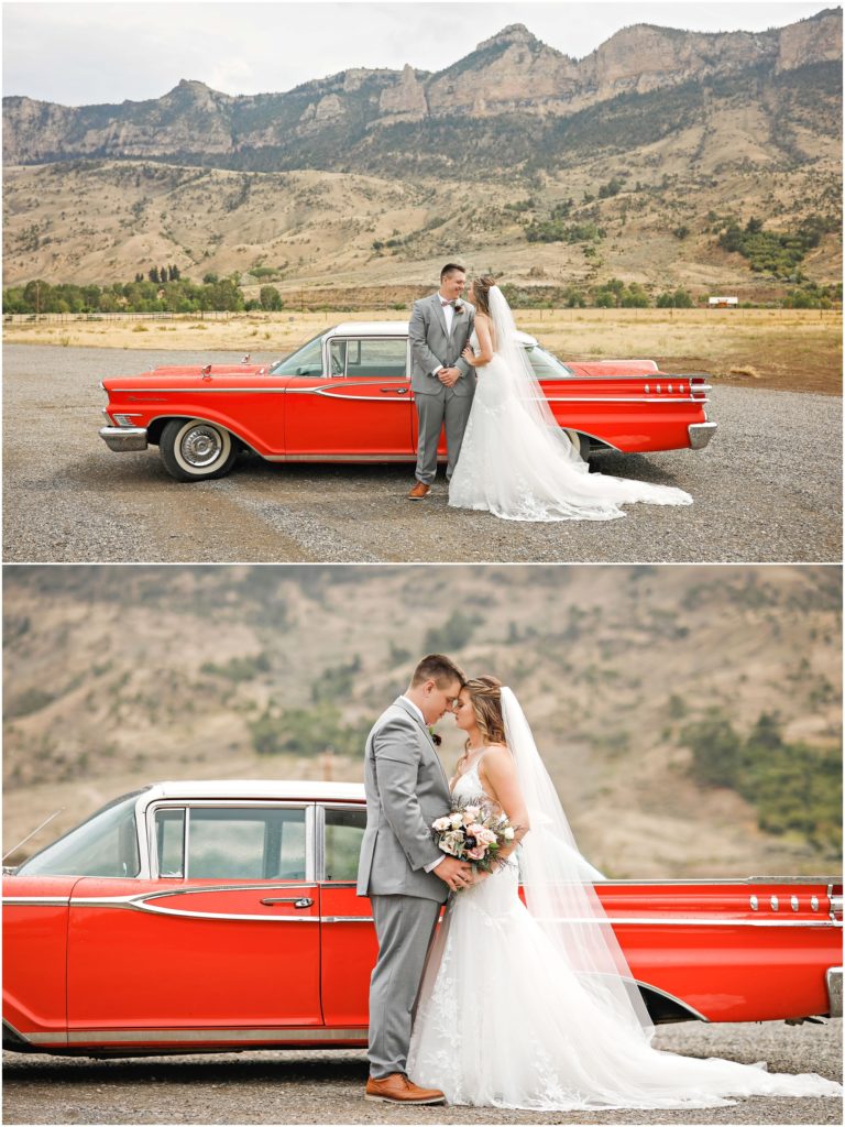 Wyoming Summer Wedding Bride and Groom with Red Mercury Montclair