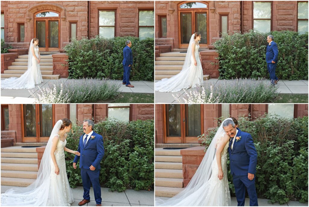 Moss Mansion Wedding First Look Photos with Bride and Dad