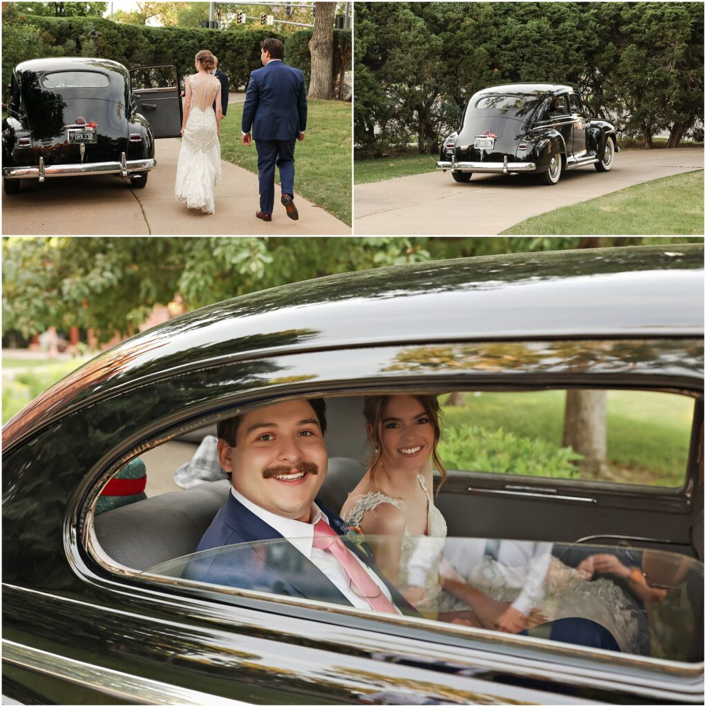 Moss Mansion Wedding Bride and Groom Photos in vintage car