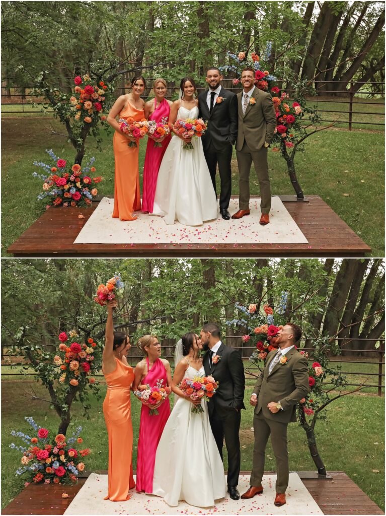 Classy Front Yard Wedding Bride and Groom with Bridal Party