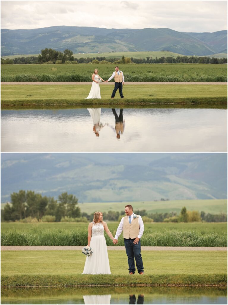Intimate Bozeman Wedding - Bride & Groom Photos with Mountains and Pond