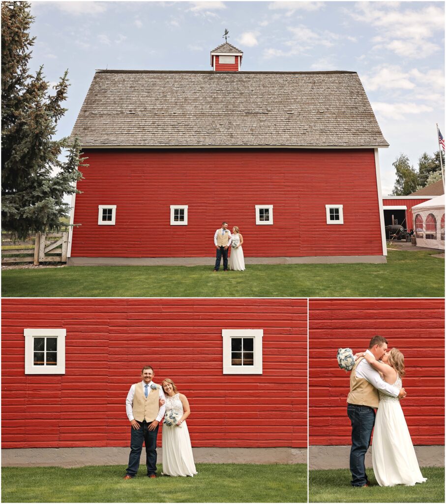 Intimate Bozeman Wedding - Bride & Groom in front of a Red Barn