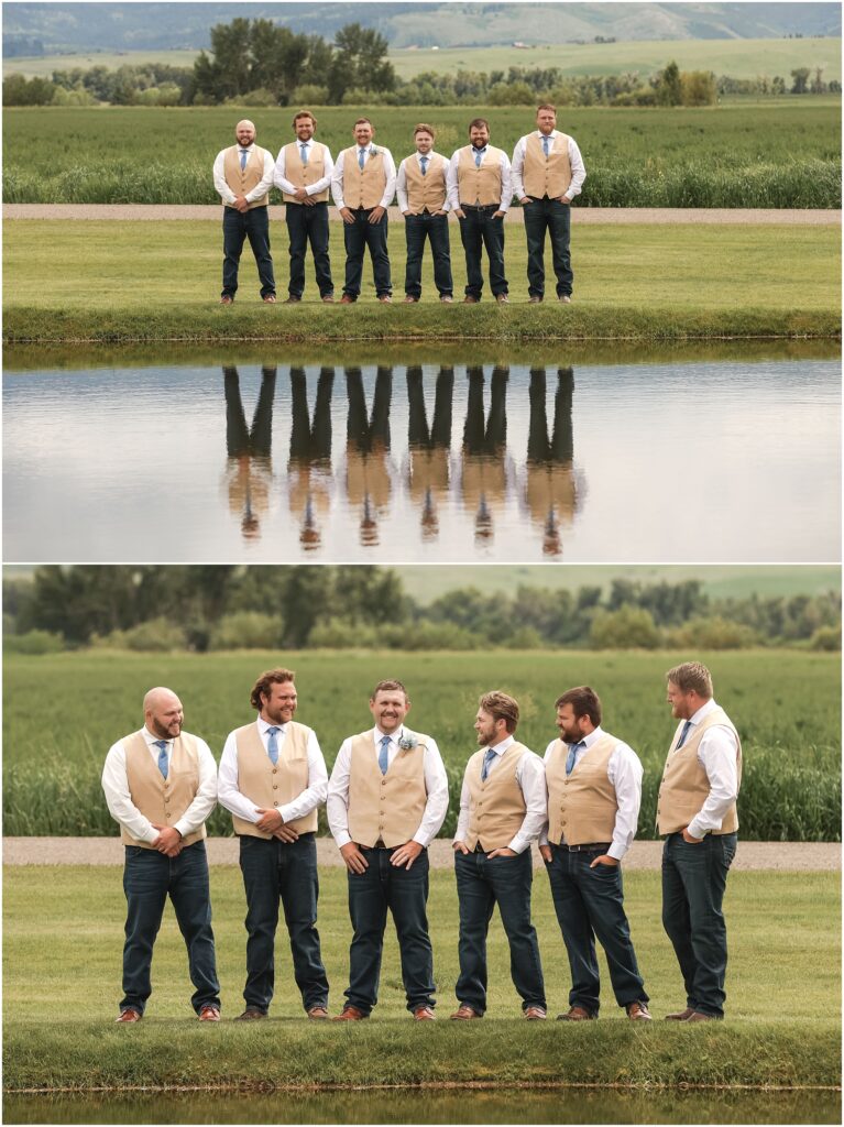 Intimate Bozeman Wedding - Groomsmen Photos with Mountains and a Pond