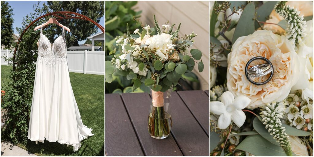 Hilands Golf Club Wedding Bouquet, Rings, and Wedding Dress